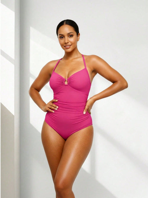 2026 Bold-Chic One-Piece - Saturated Fuchsia Pink, Ruched Silhouette, Keyhole Bust, Perfect For Luxury Coastal Vacations