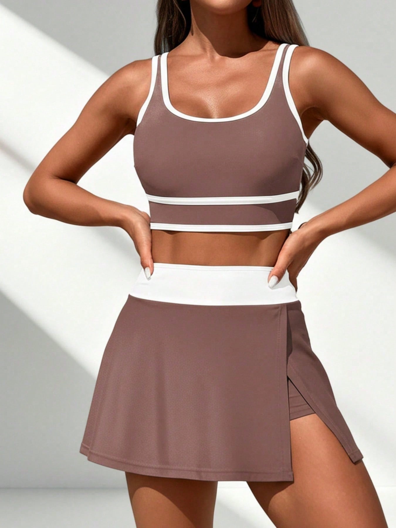 2026 Elevated Neutral Tankini - Mocha Crop Top, White-Trimmed Wrap Skirt, Perfect For Sophisticated Coastal Vacations & Pool Days