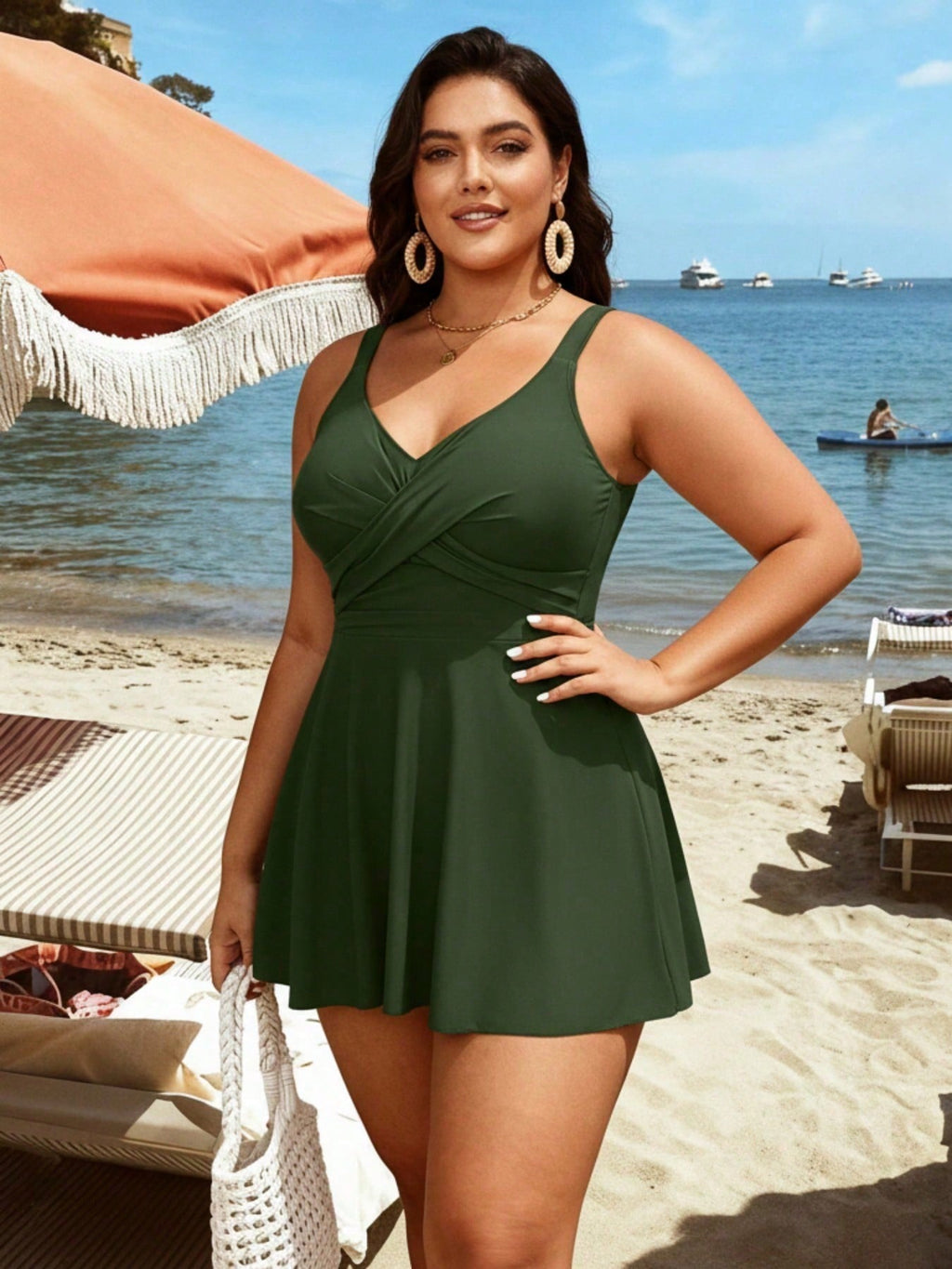 2026 Chic Olive Green Plus Size Swim Dress - Cross V-Neck, Flared Silhouette, Effortless Resort-Level Beach Style