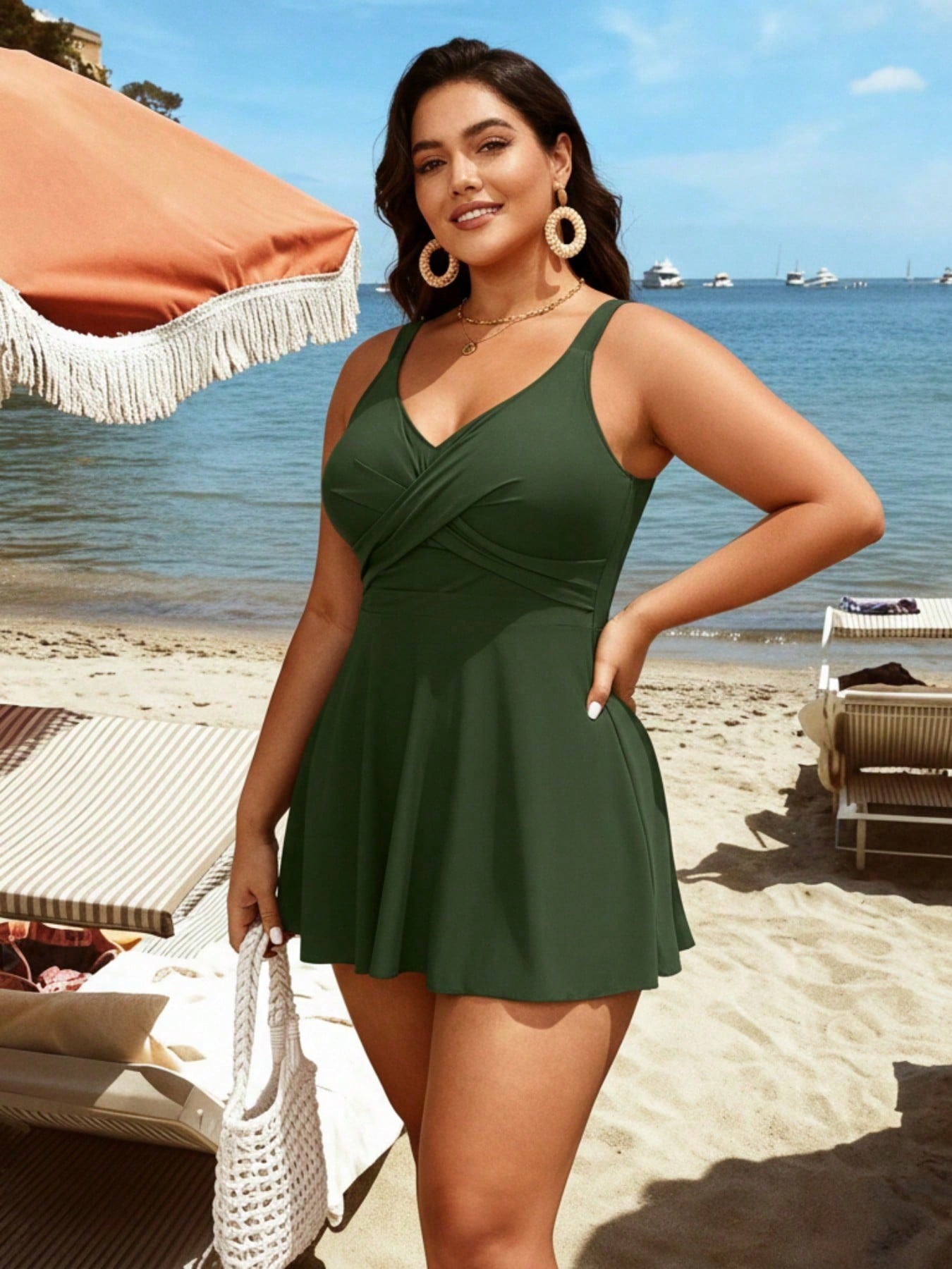 2026 Chic Olive Green Plus Size Swim Dress - Cross V-Neck, Flared Silhouette, Effortless Resort-Level Beach Style