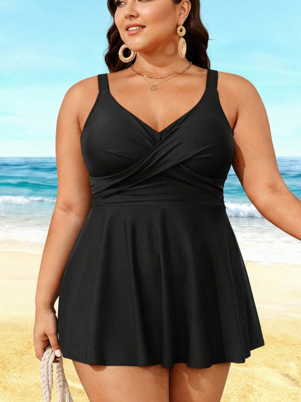 2026 Elegant Plus Size Swim Dress - Black Cross-Front Design, Flared Silhouette, Modest Beach & Pool Swimwear