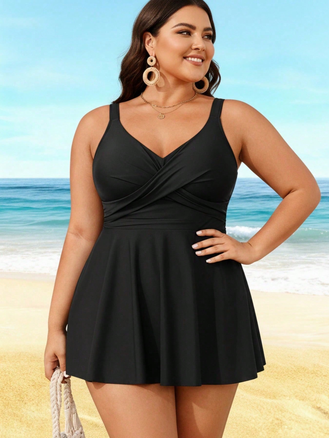 2026 Elegant Plus Size Swim Dress - Black Cross-Front Design, Flared Silhouette, Modest Beach & Pool Swimwear