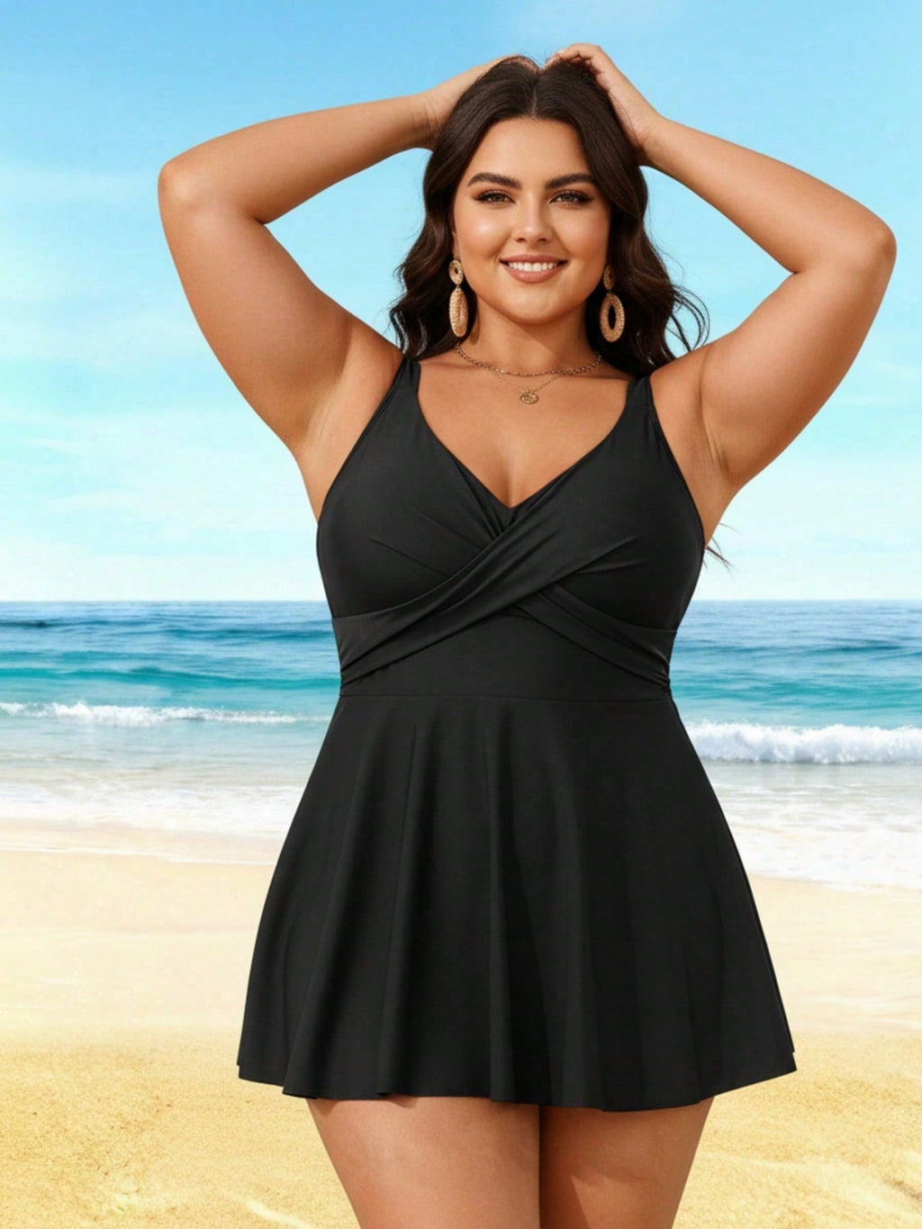 2026 Elegant Plus Size Swim Dress - Black Cross-Front Design, Flared Silhouette, Modest Beach & Pool Swimwear