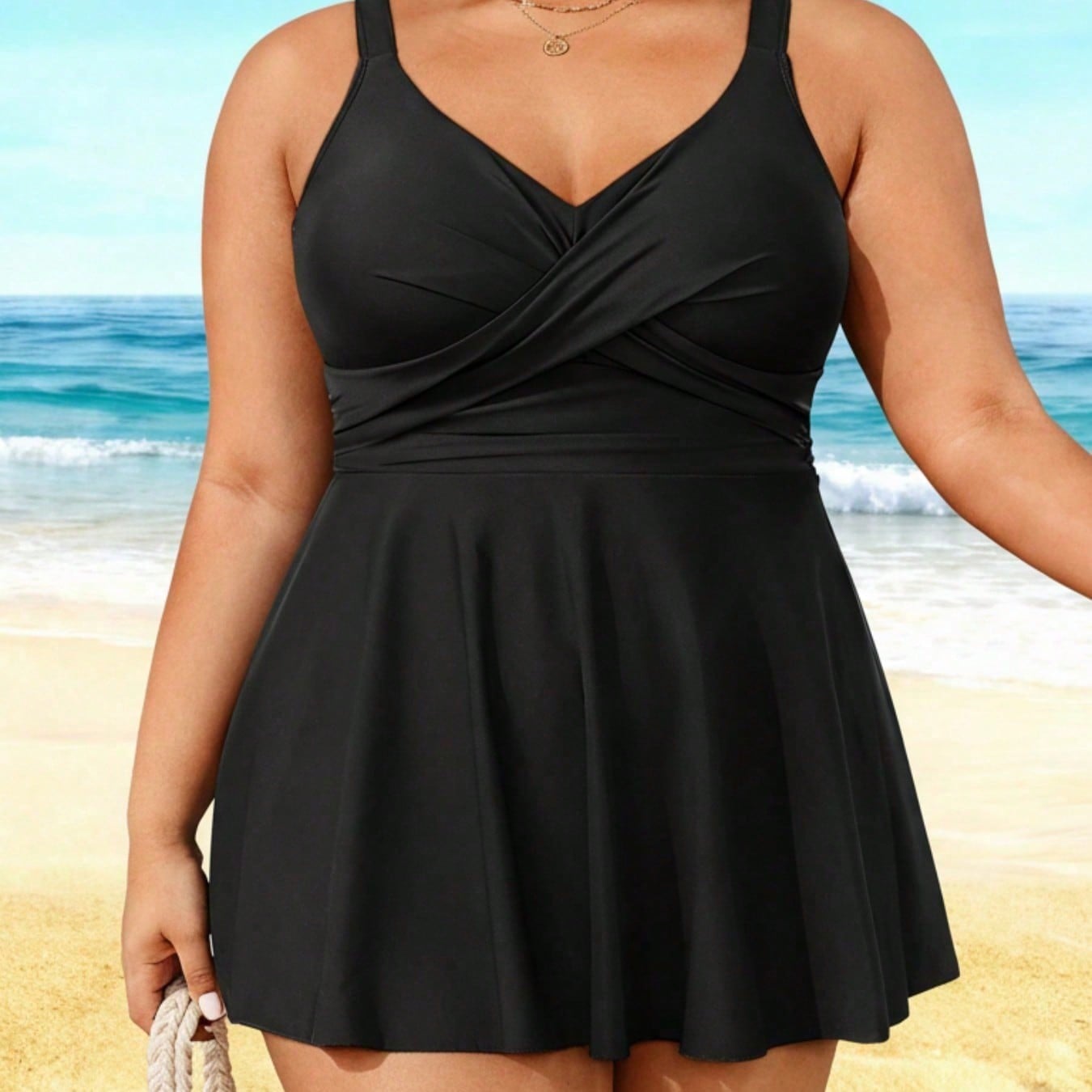 2026 Elegant Plus Size Swim Dress - Black Cross-Front Design, Flared Silhouette, Modest Beach & Pool Swimwear