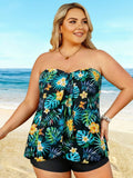 2026 Plus Size Tropical Print Bandeau Tankini - Black Base With Floral & Leaf Pattern, Flowy Peplum Top, High-Waisted Shorts, Beach Swimwear