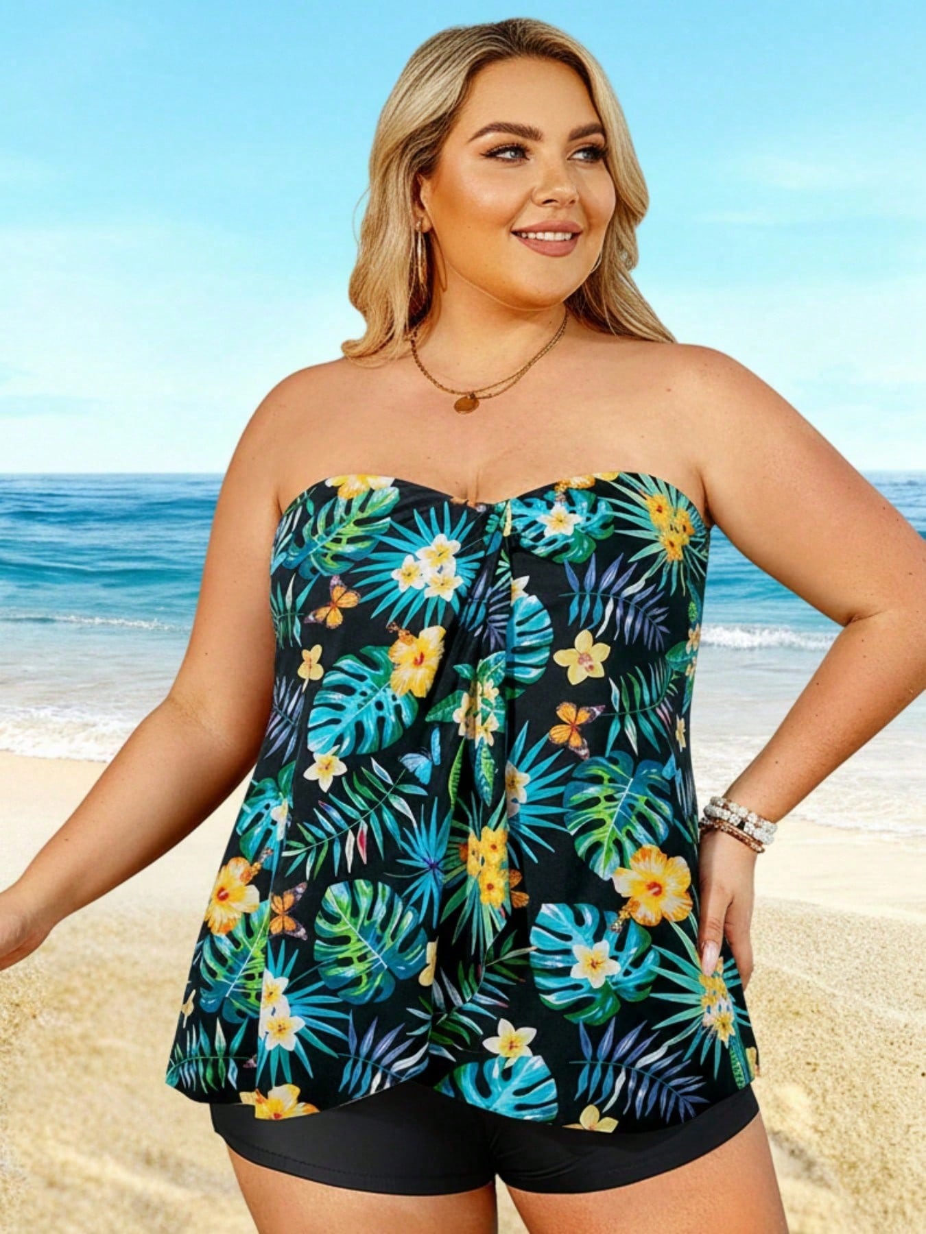 2026 Plus Size Tropical Print Bandeau Tankini - Black Base With Floral & Leaf Pattern, Flowy Peplum Top, High-Waisted Shorts, Beach Swimwear