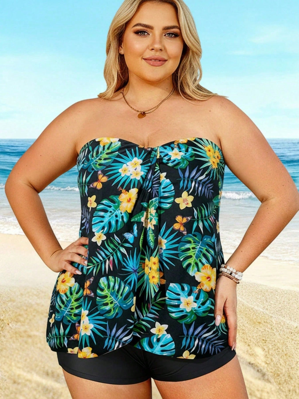 2026 Plus Size Tropical Print Bandeau Tankini - Black Base With Floral & Leaf Pattern, Flowy Peplum Top, High-Waisted Shorts, Beach Swimwear
