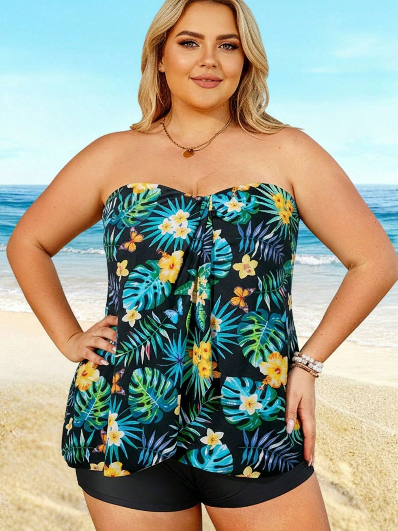 2026 Plus Size Tropical Print Bandeau Tankini - Black Base With Floral & Leaf Pattern, Flowy Peplum Top, High-Waisted Shorts, Beach Swimwear