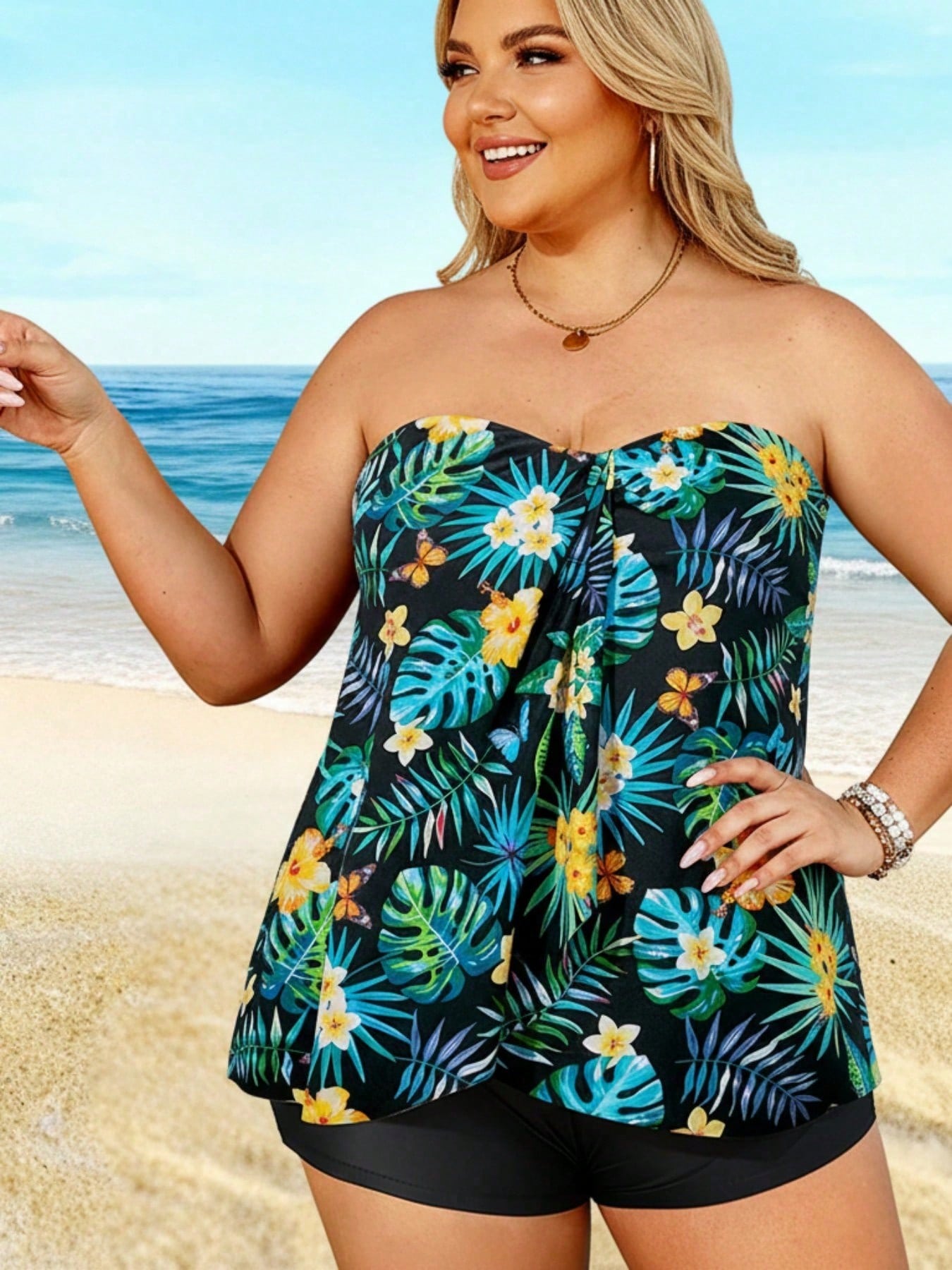 2026 Plus Size Tropical Print Bandeau Tankini - Black Base With Floral & Leaf Pattern, Flowy Peplum Top, High-Waisted Shorts, Beach Swimwear