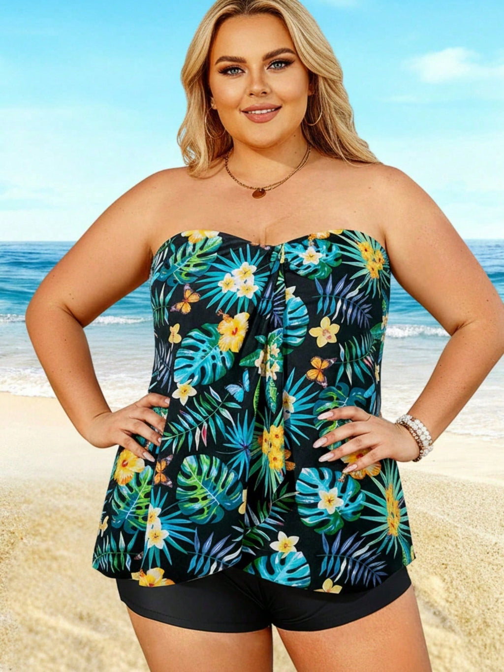 2026 Plus Size Tropical Print Bandeau Tankini - Black Base With Floral & Leaf Pattern, Flowy Peplum Top, High-Waisted Shorts, Beach Swimwear