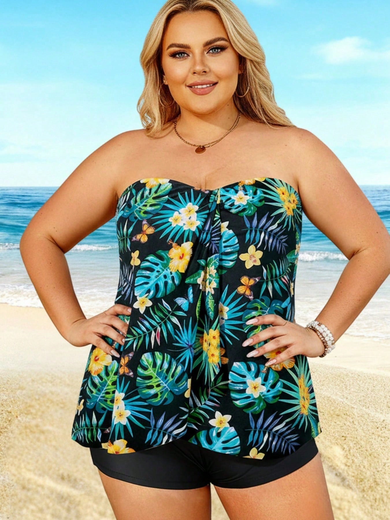 2026 Plus Size Tropical Print Bandeau Tankini - Black Base With Floral & Leaf Pattern, Flowy Peplum Top, High-Waisted Shorts, Beach Swimwear