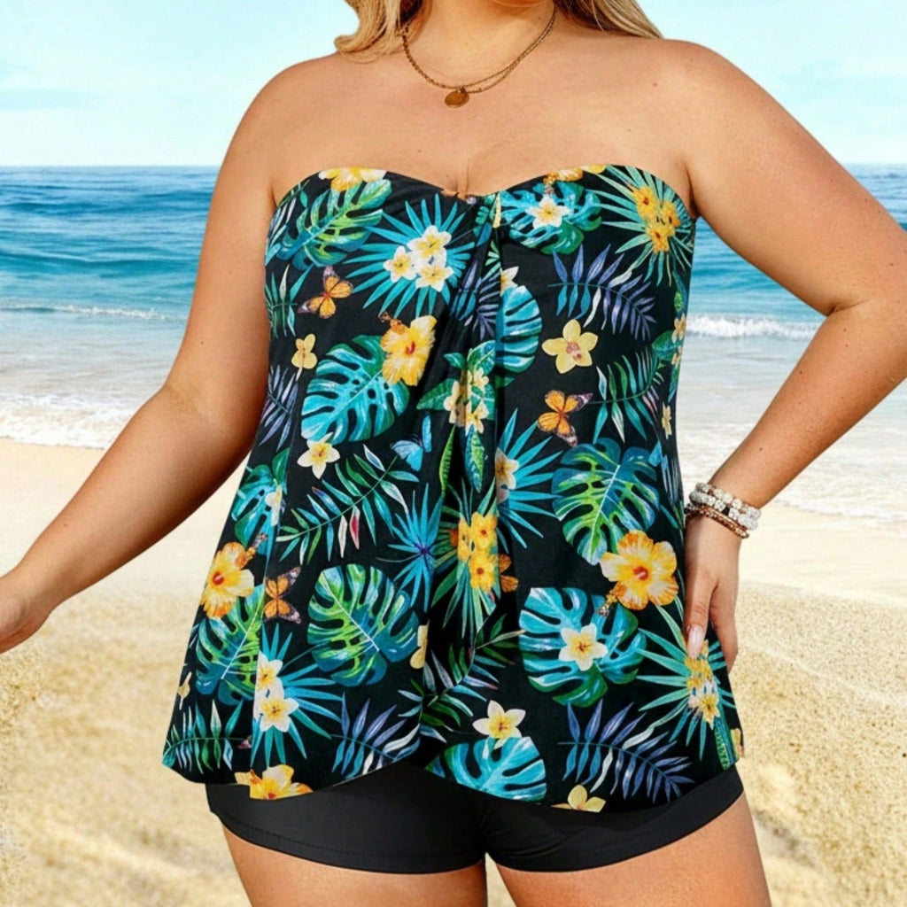 2026 Plus Size Tropical Print Bandeau Tankini - Black Base With Floral & Leaf Pattern, Flowy Peplum Top, High-Waisted Shorts, Beach Swimwear