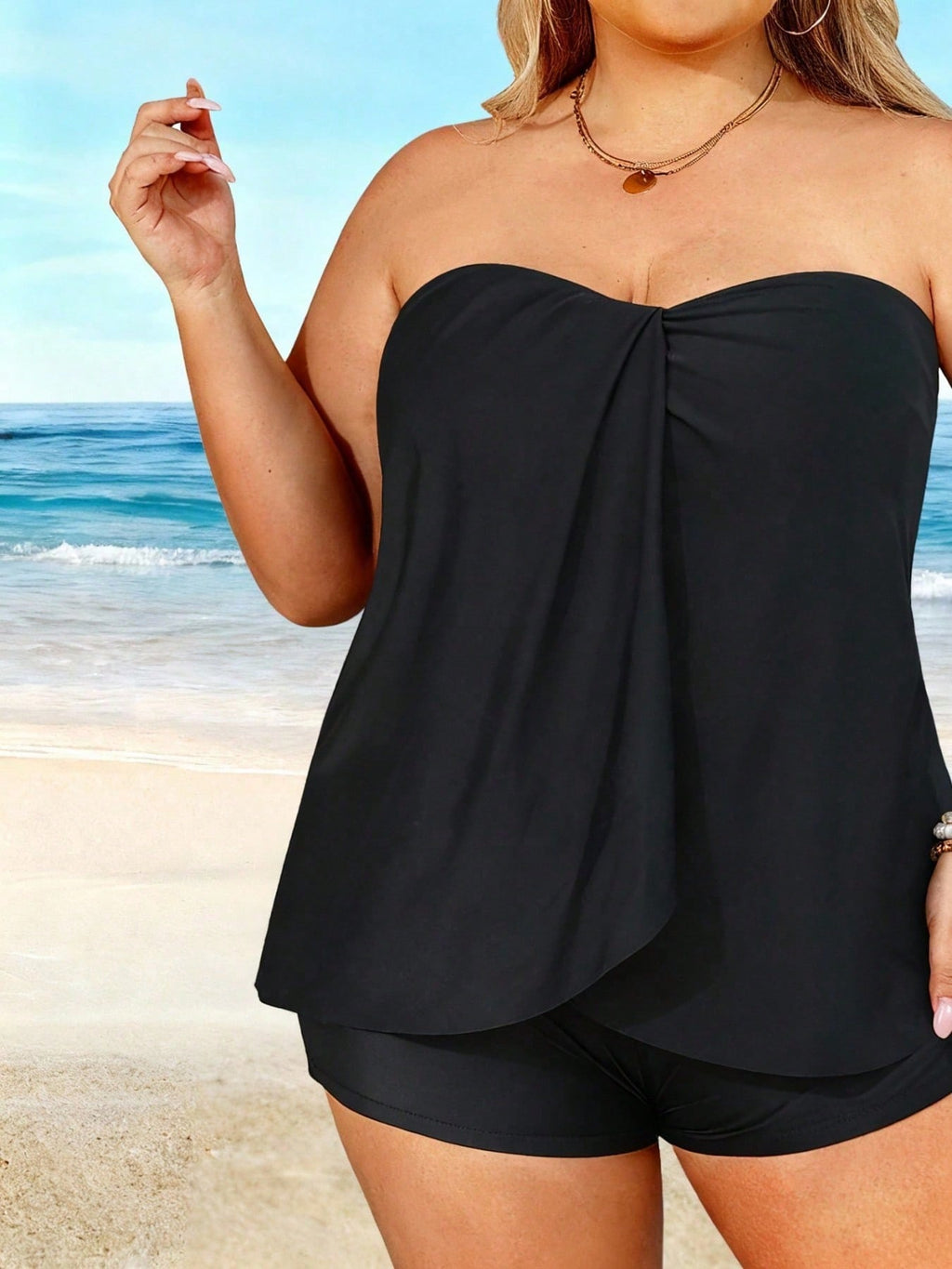 2026 Elegant Bandeau Tankini for Plus Size - Black Flowy Peplum Top, Modest Shorts, Comfortable Beach Vacation Swimwear