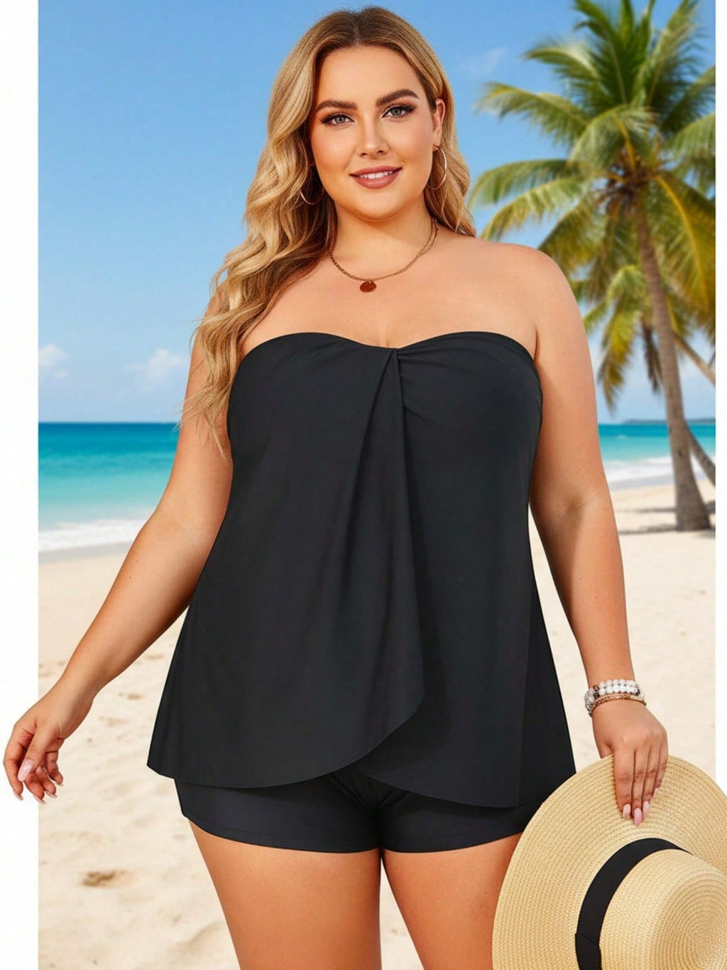 2026 Elegant Bandeau Tankini for Plus Size - Black Flowy Peplum Top, Modest Shorts, Comfortable Beach Vacation Swimwear