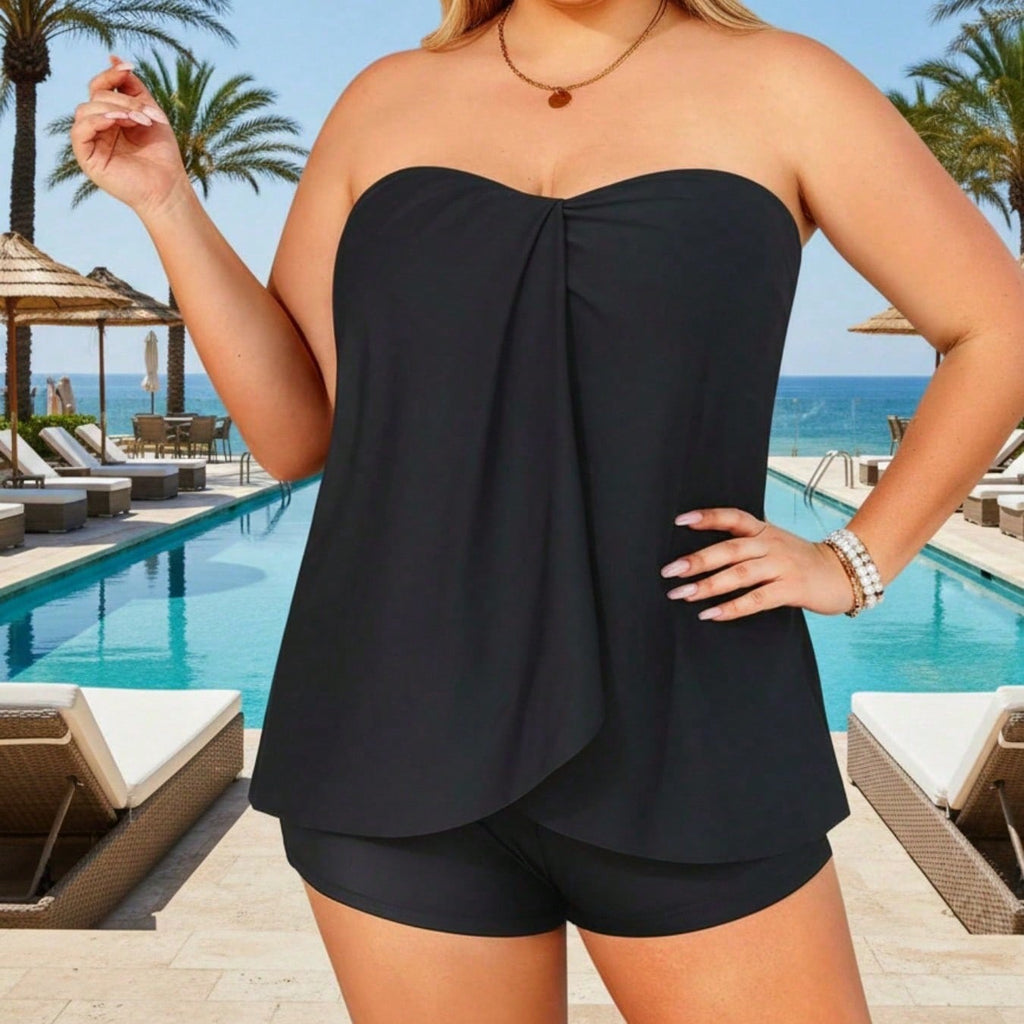 2026 Elegant Bandeau Tankini for Plus Size - Black Flowy Peplum Top, Modest Shorts, Comfortable Beach Vacation Swimwear
