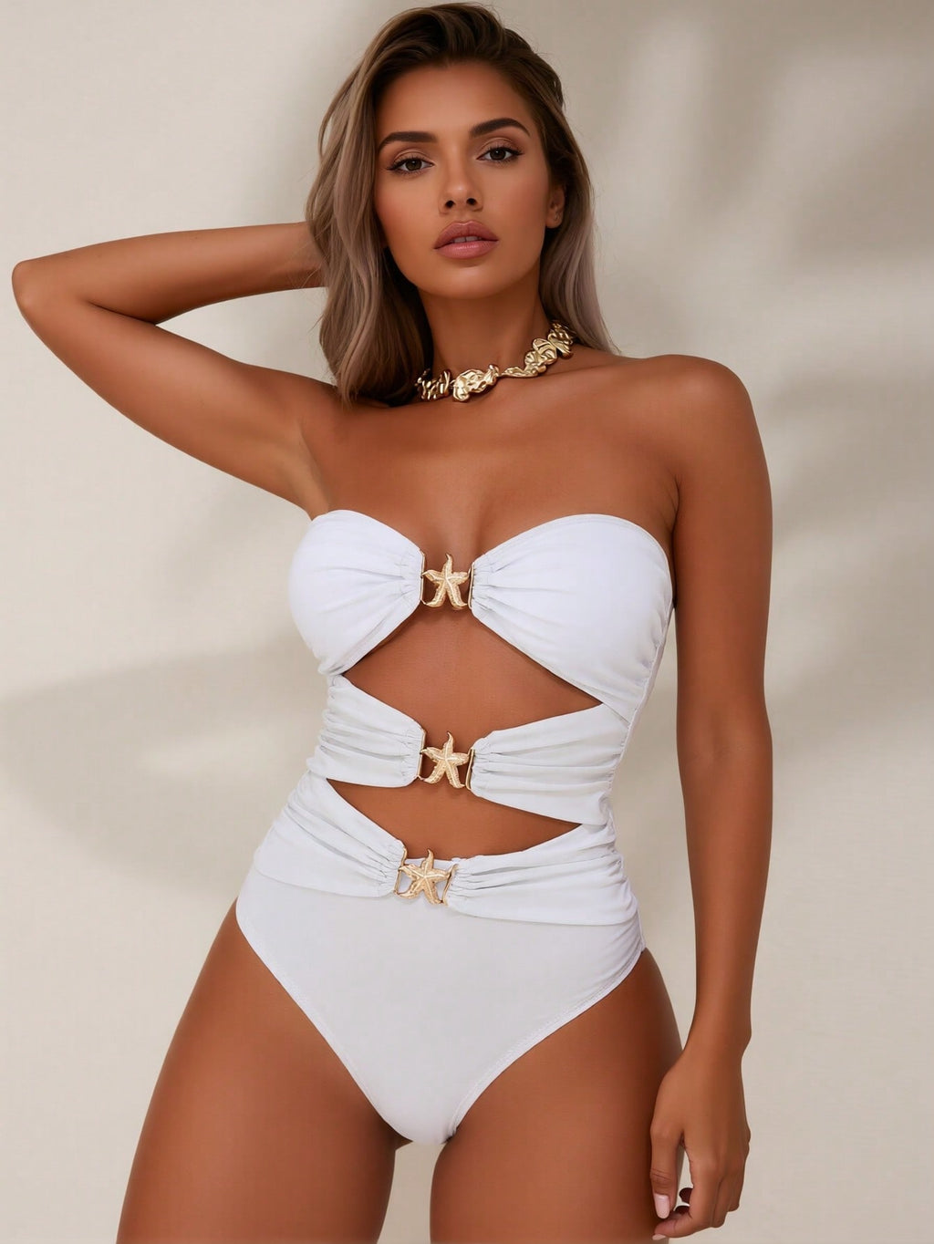2025 New Spring and Summer Sexy White Women's One-Piece Swimsuit, Decorated with Metal Buckle, Backless, a Must-Have Swimsuit for Women for Indoor and Outdoor Summer