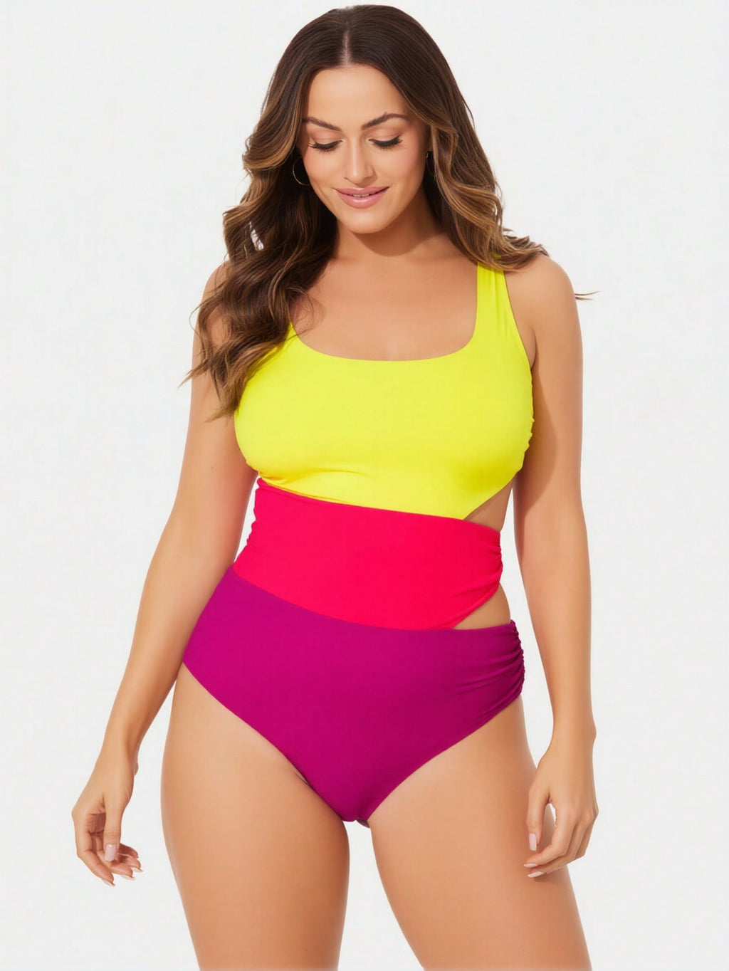 2026 Women's New High-End Color Block Yellow, Red, And Purple One-Piece Beach Swimsuit