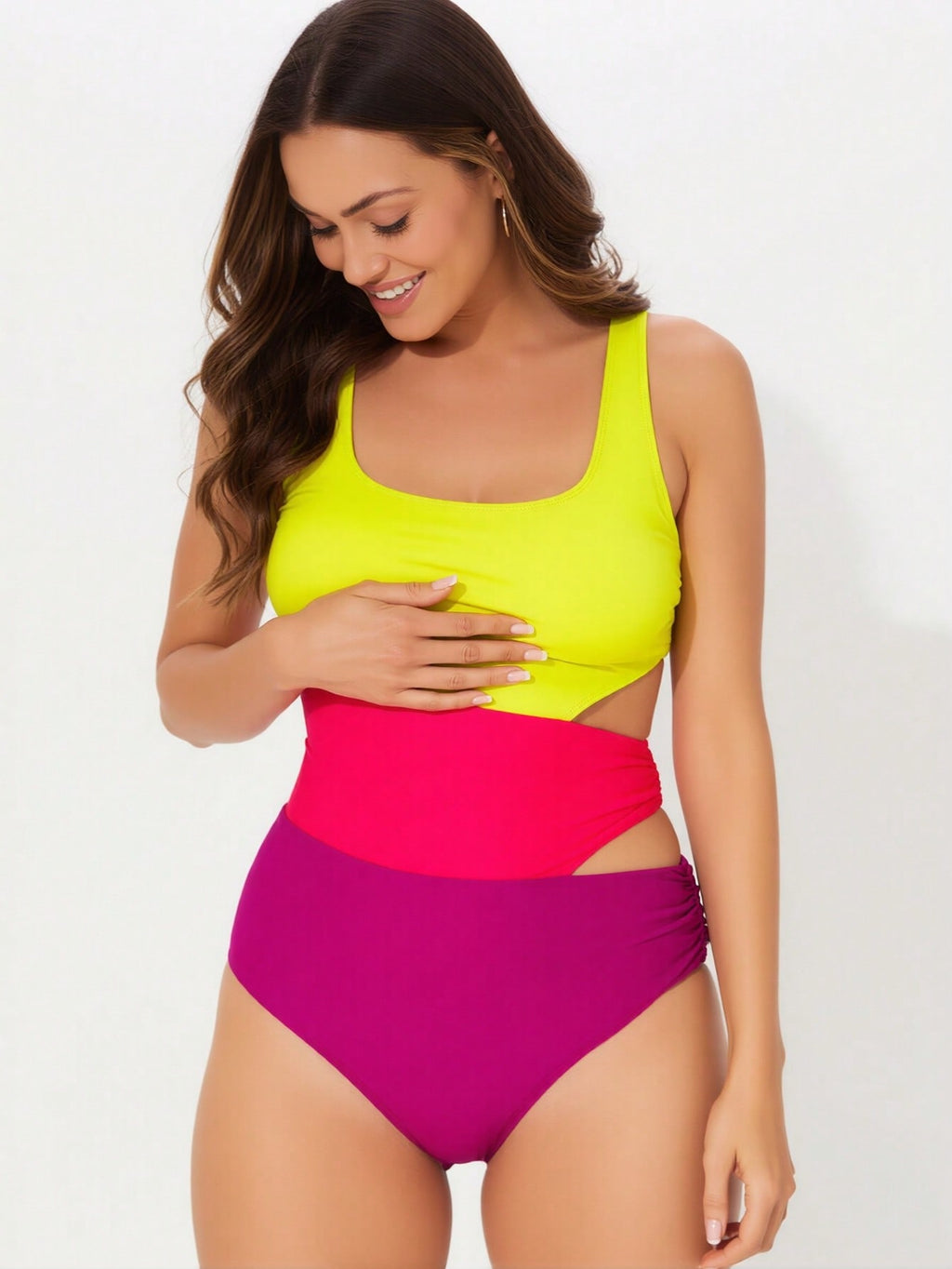 2026 Women's New High-End Color Block Yellow, Red, And Purple One-Piece Beach Swimsuit