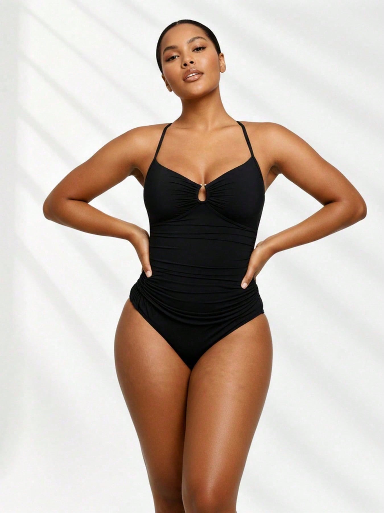 2026 Multi-Occasion Plus Size One-Piece - Ruched Black Design, Keyhole Bust, Perfect For Luxury Resorts & Casual Beach Trips