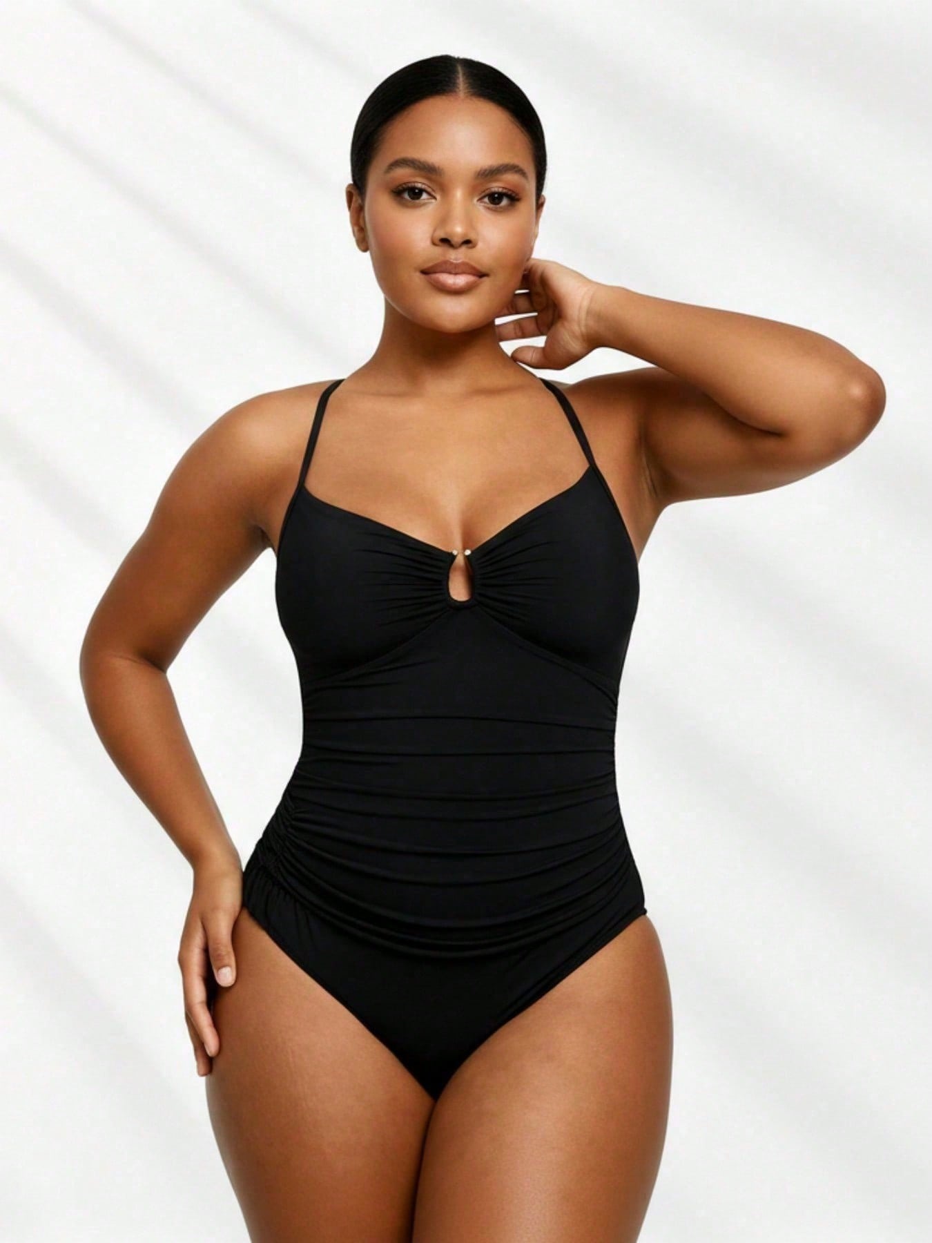 2026 Multi-Occasion Plus Size One-Piece - Ruched Black Design, Keyhole Bust, Perfect For Luxury Resorts & Casual Beach Trips