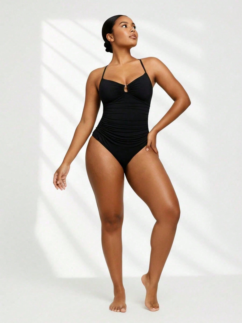 2026 Multi-Occasion Plus Size One-Piece - Ruched Black Design, Keyhole Bust, Perfect For Luxury Resorts & Casual Beach Trips