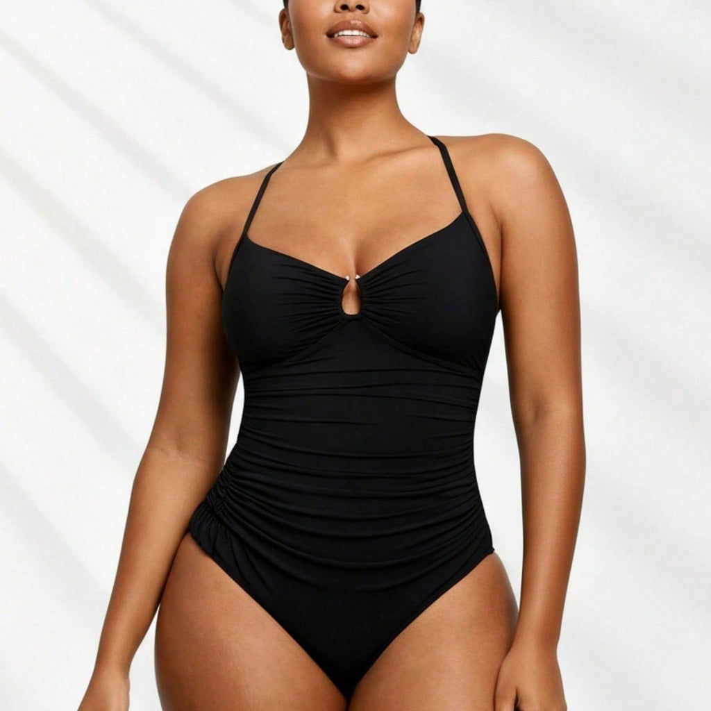 2026 Multi-Occasion Plus Size One-Piece - Ruched Black Design, Keyhole Bust, Perfect For Luxury Resorts & Casual Beach Trips