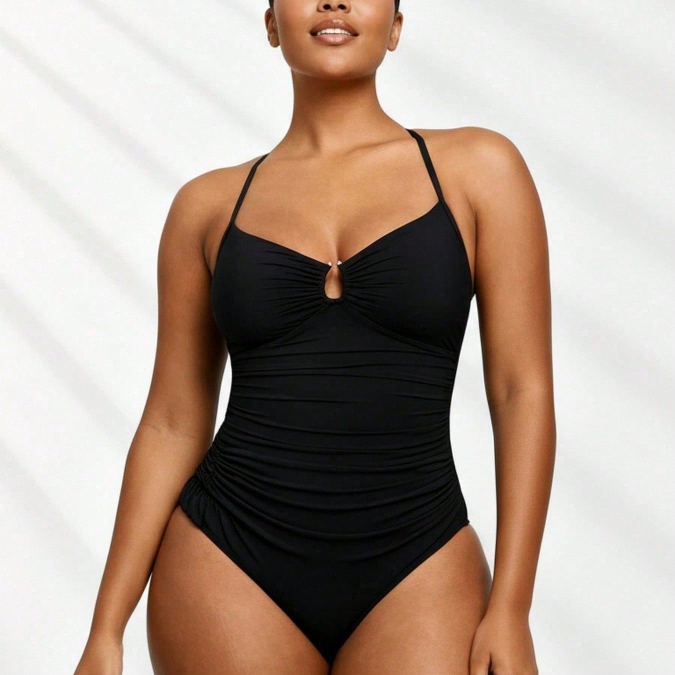 2026 Multi-Occasion Plus Size One-Piece - Ruched Black Design, Keyhole Bust, Perfect For Luxury Resorts & Casual Beach Trips
