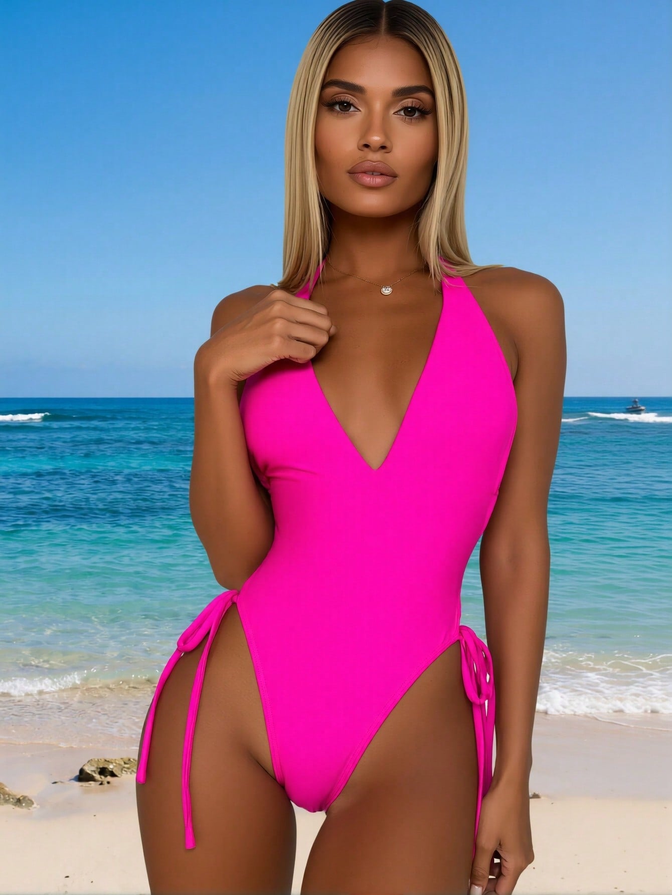 2026 New Women's Sexy Fashion Bright Pink Deep V Halter Side-Tie One-Piece Swimsuit for Vacation & Leisure Swimwear