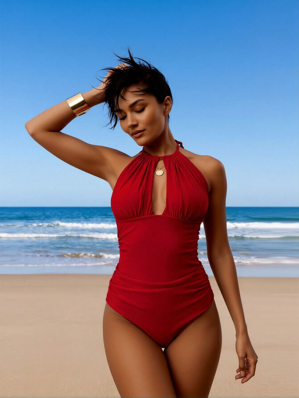 2026 New Women's Sexy Fashion Red Halter Ruched Cutout One-Piece Swimsuit For Vacation & Leisure Swimwear