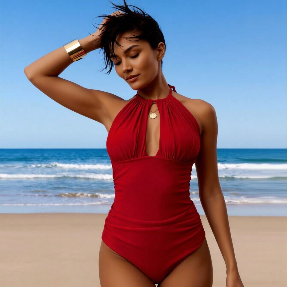 2026 New Women's Sexy Fashion Red Halter Ruched Cutout One-Piece Swimsuit For Vacation & Leisure Swimwear