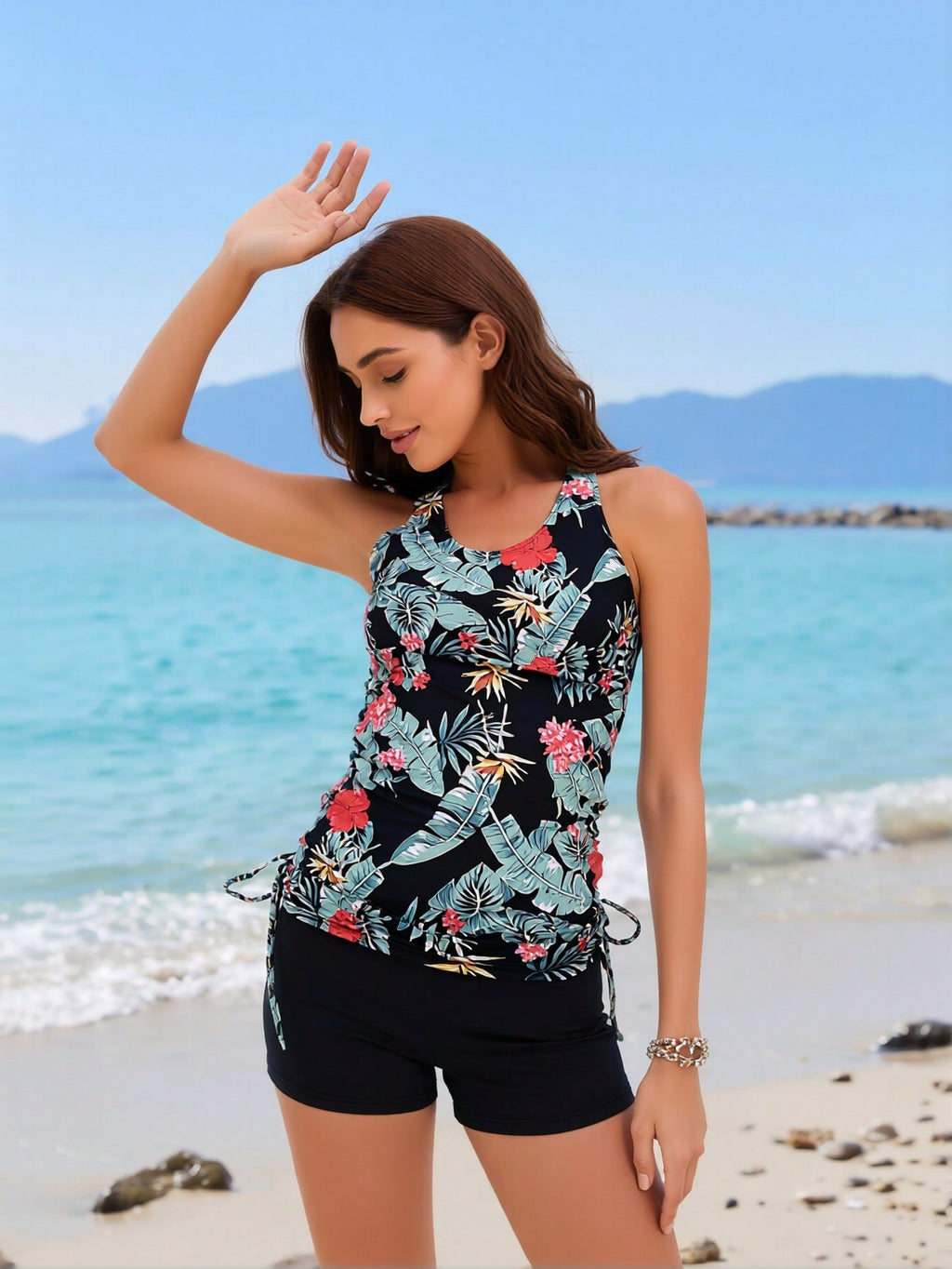 2026 New Women's Tankini Set: Black Tropical Floral Print Halter Top With Side Ties + Black Boy Short Bottom