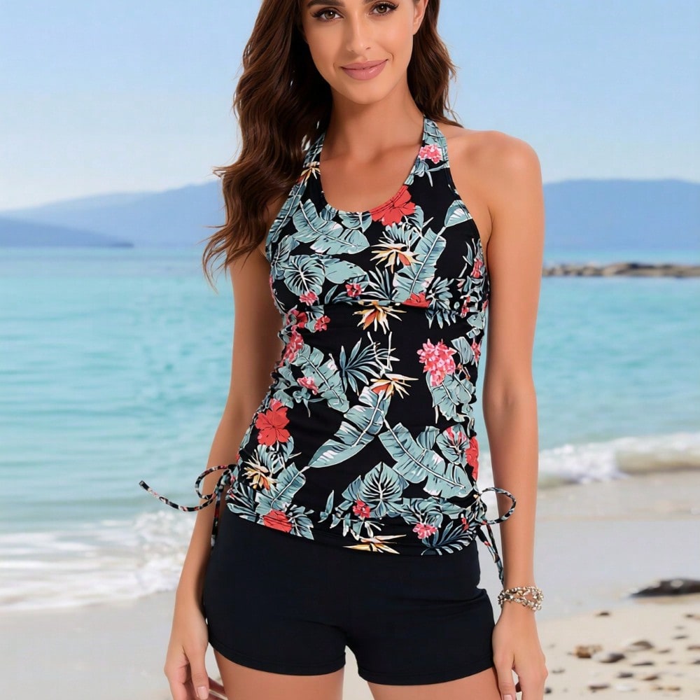 2026 New Women's Tankini Set: Black Tropical Floral Print Halter Top With Side Ties + Black Boy Short Bottom