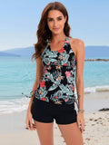 2026 New Women's Tankini Set: Black Tropical Floral Print Halter Top With Side Ties + Black Boy Short Bottom