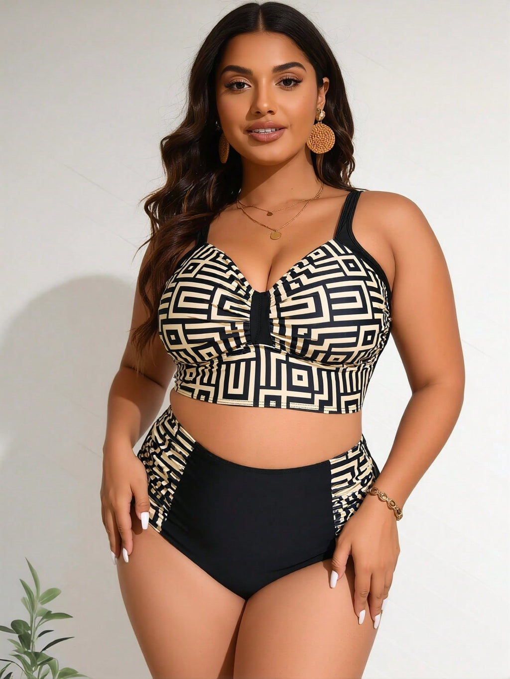 2026 New Women's Plus Size Bikini Set: Black & Gold Geometric Print Crop Top + High-Waisted Bottom With Side Panels