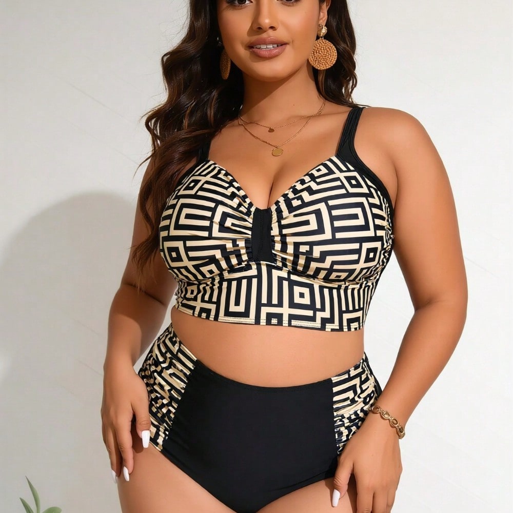 2026 New Women's Plus Size Bikini Set: Black & Gold Geometric Print Crop Top + High-Waisted Bottom With Side Panels