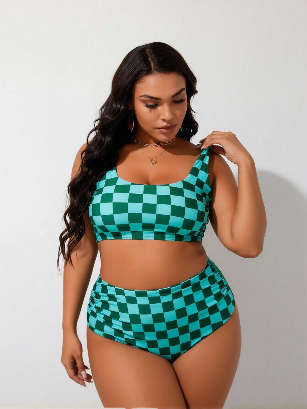 2026 New Women's Plus Size Bikini: Green Checkerboard Crew Neck Bra Top With High-Waisted Bottoms