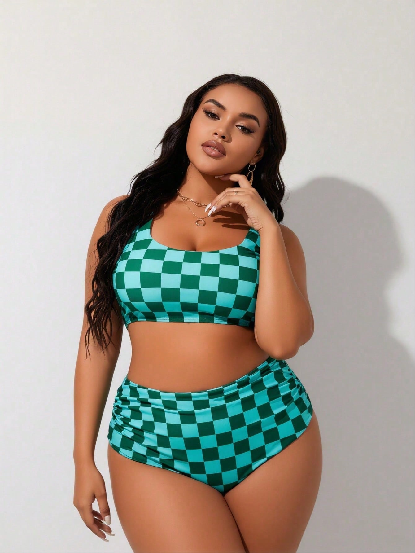 2026 New Women's Plus Size Bikini: Green Checkerboard Crew Neck Bra Top With High-Waisted Bottoms