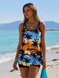 2026 New Women's Sexy Fashion Sunset & Palm Tree Print Tummy-Control Two-Piece Boyleg Swimsuit for Vacation & Leisure Swimwear