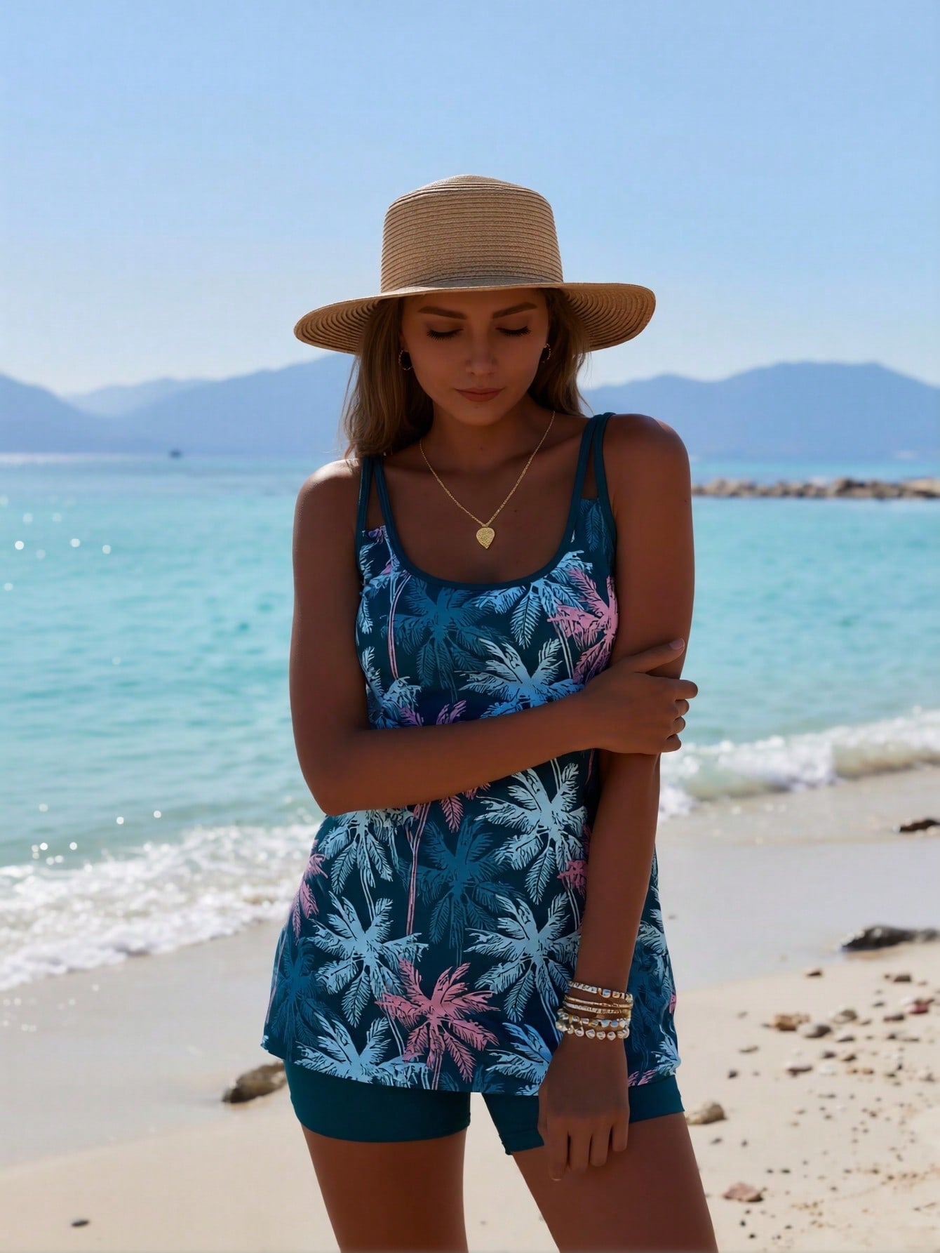 2026 New Women's Sexy Fashion Blue Base & Pink-White Palm Tree Print Tummy-Control Two-Piece Boyleg Swimsuit For Vacation & Leisure Swimwear