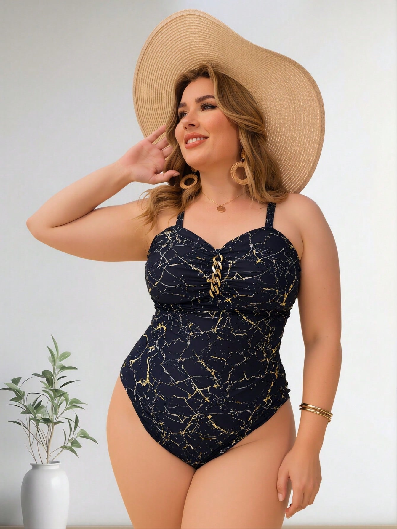 2026 New Women's Plus Size One-Piece Swimsuit: Navy Blue Marble Print with Gold Chain Detail