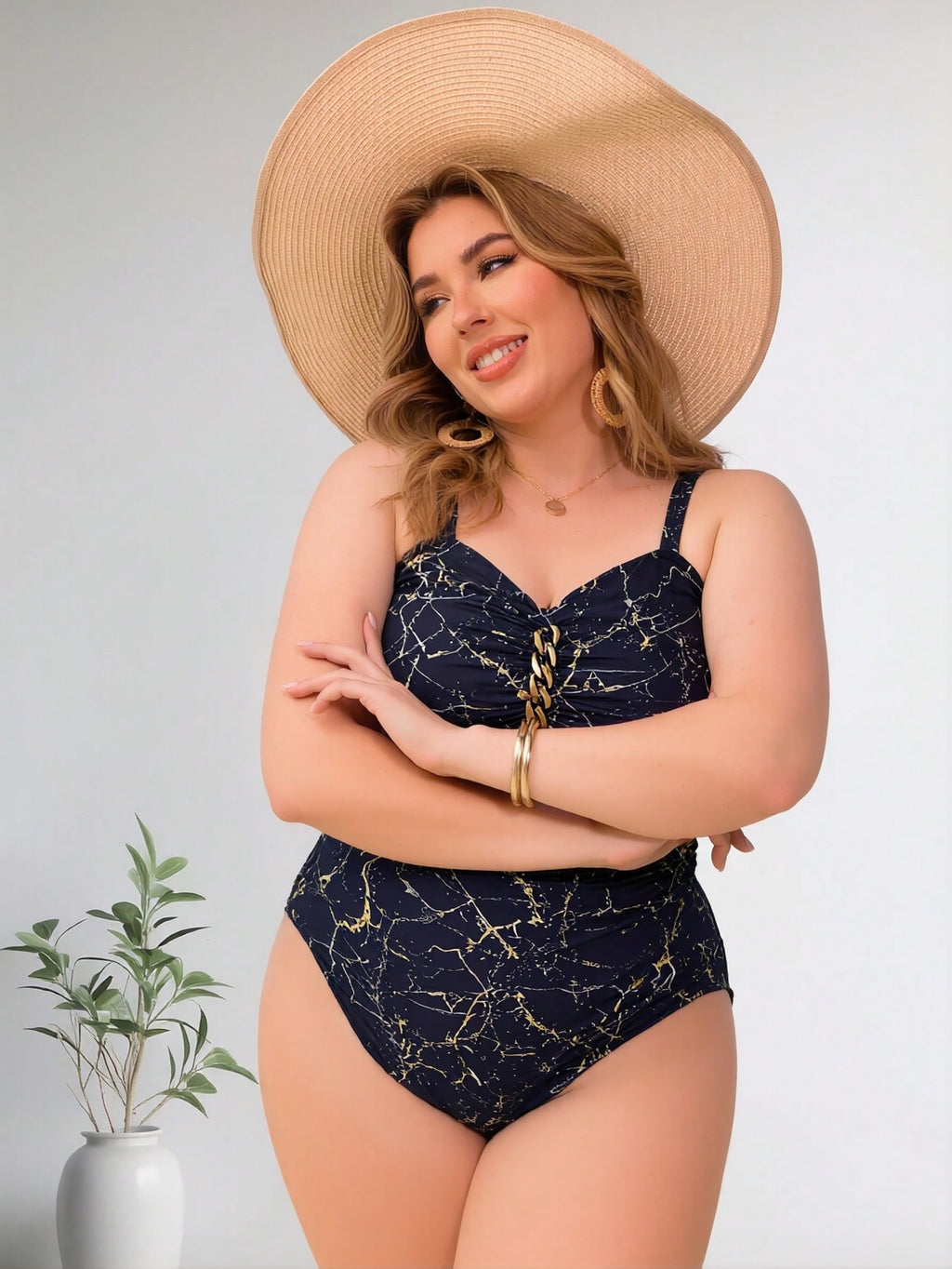 2026 New Women's Plus Size One-Piece Swimsuit: Navy Blue Marble Print with Gold Chain Detail