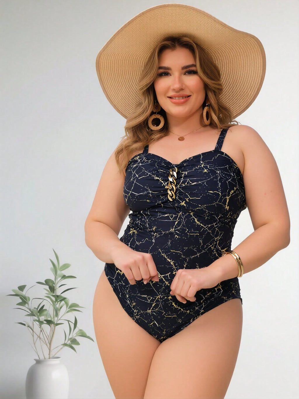 2026 New Women's Plus Size One-Piece Swimsuit: Navy Blue Marble Print with Gold Chain Detail