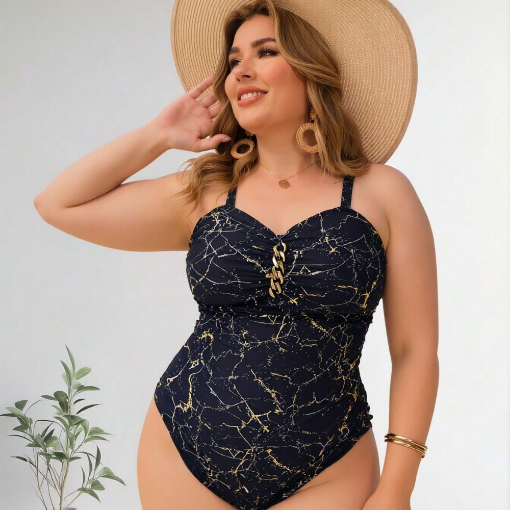 2026 New Women's Plus Size One-Piece Swimsuit: Navy Blue Marble Print with Gold Chain Detail