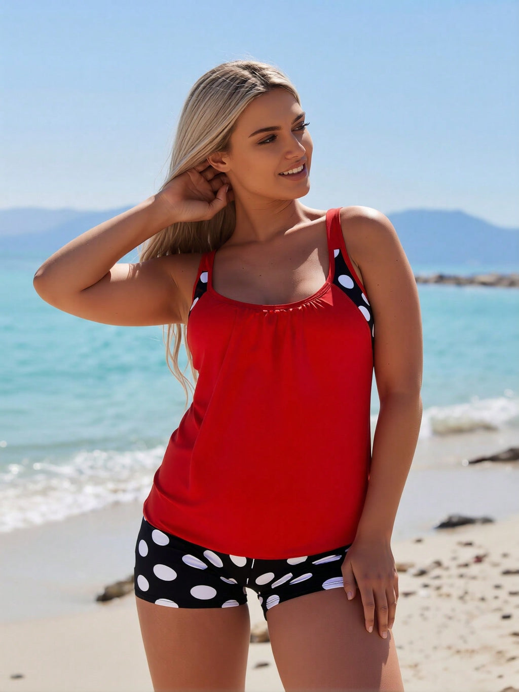 2026 New Women's Sexy Fashion Red & Black Polka Dot Patchwork Tummy-Control Two-Piece Boyleg Swimsuit for Vacation & Leisure Swimwear