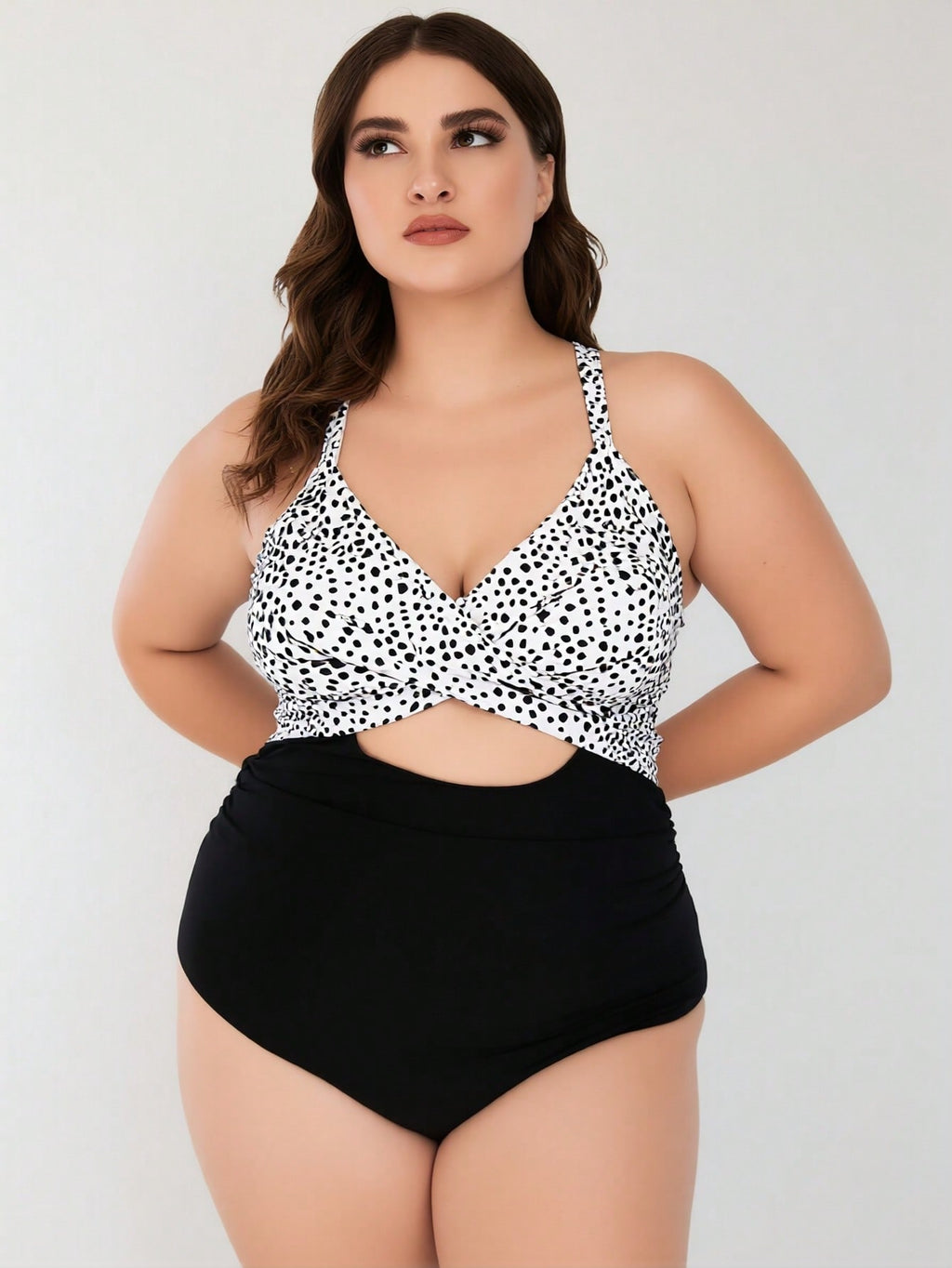 2026 New Women's Plus Size One-Piece Swimsuit: Black & White Dalmatian Print Twist Front With Cutout