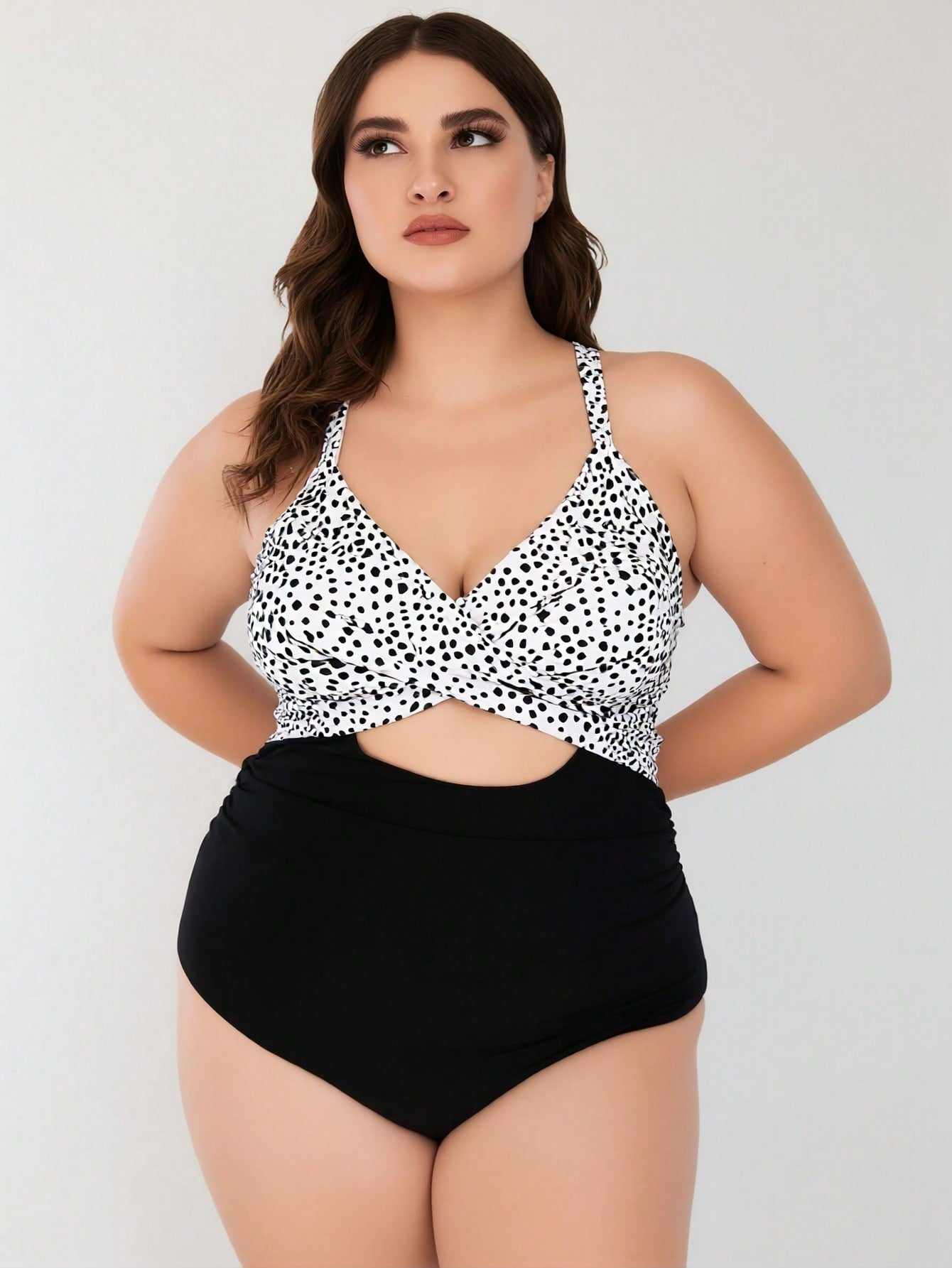 2026 New Women's Plus Size One-Piece Swimsuit: Black & White Dalmatian Print Twist Front With Cutout