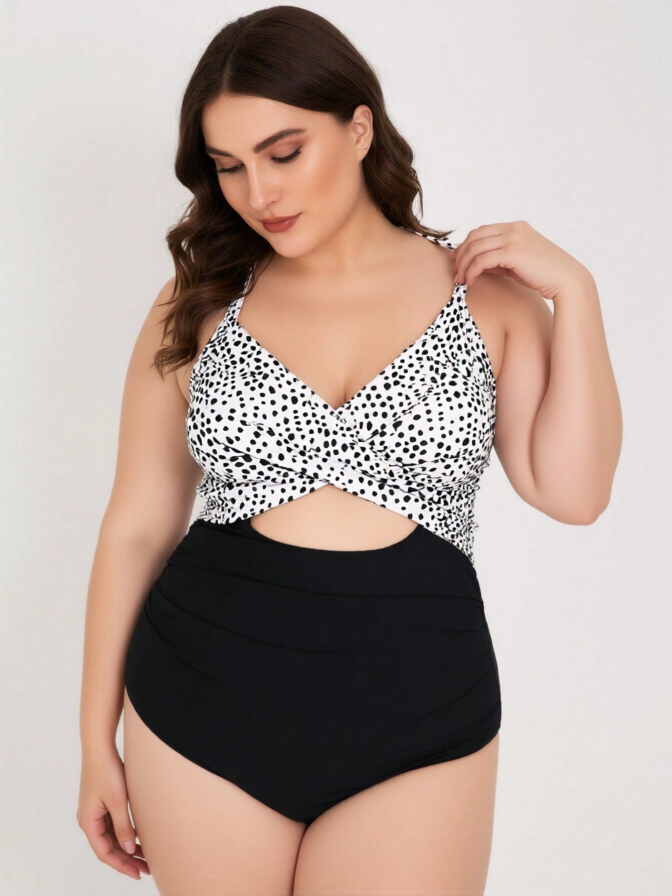 2026 New Women's Plus Size One-Piece Swimsuit: Black & White Dalmatian Print Twist Front With Cutout