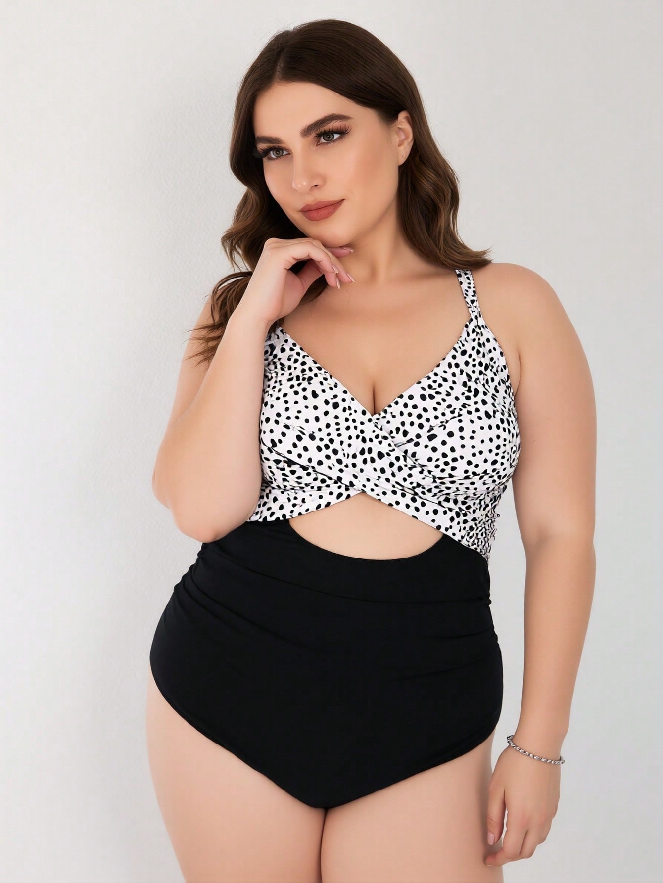 2026 New Women's Plus Size One-Piece Swimsuit: Black & White Dalmatian Print Twist Front With Cutout