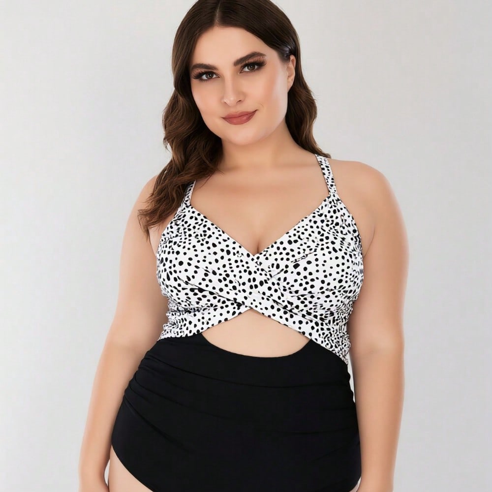 2026 New Women's Plus Size One-Piece Swimsuit: Black & White Dalmatian Print Twist Front With Cutout