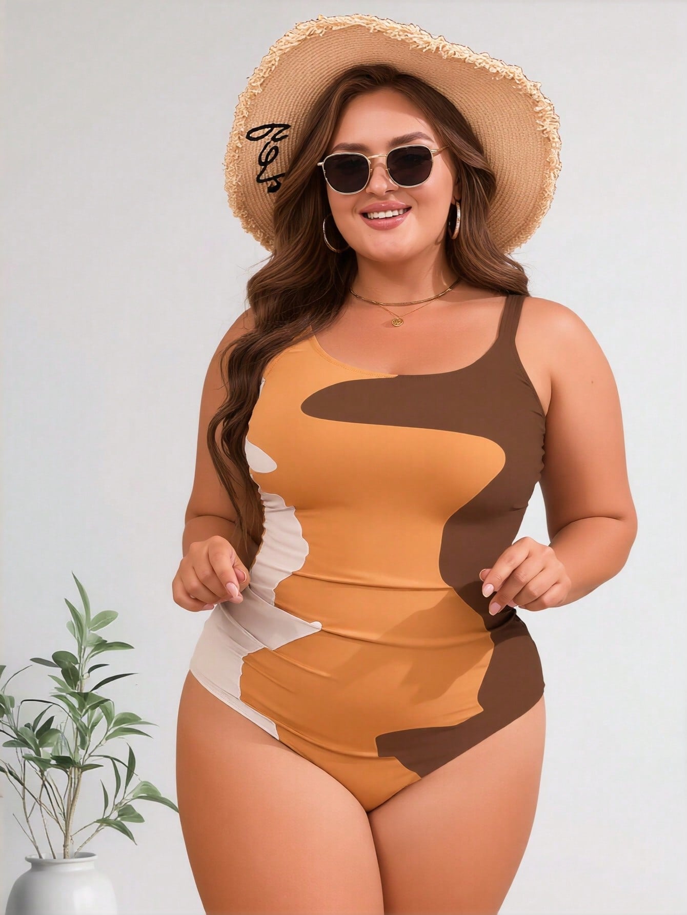 2026 New Women's Plus Size One-Piece Swimsuit: Earth Tone Abstract Color Block with Side Ruched